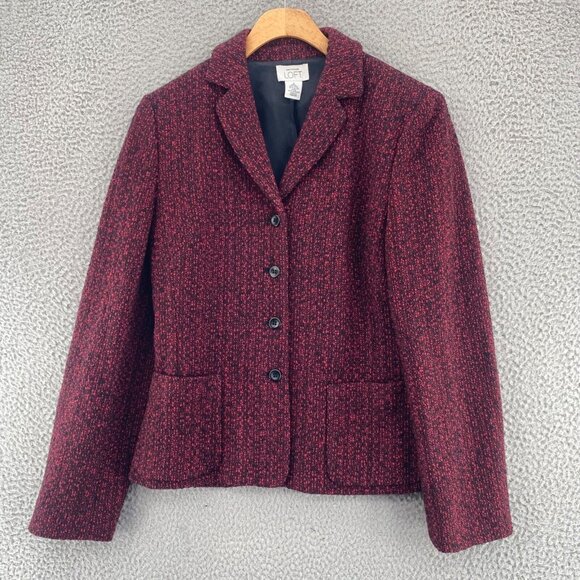LOFT Blazer Womens 6 Red Black Wool Blend Button Up Pockets Office Career Work - Picture 1 of 10